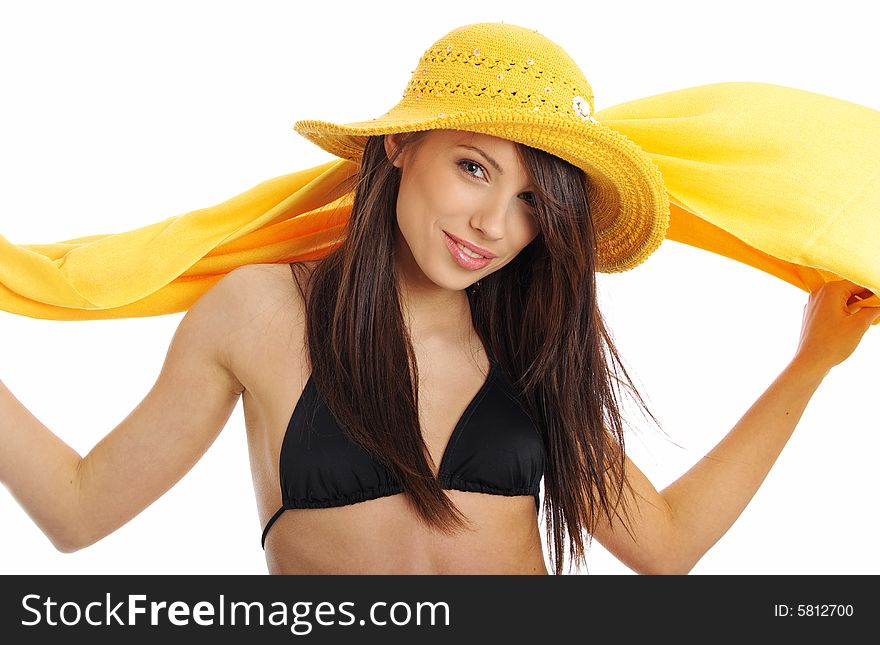 Sexy girl in yellow hat and  swimwear. Sexy girl in yellow hat and  swimwear