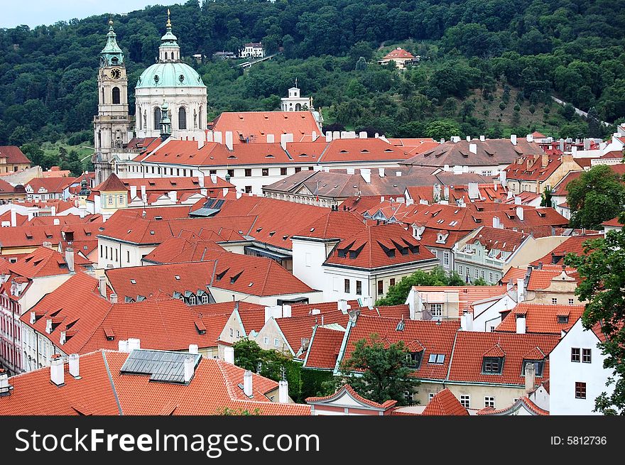 View of red roofs in Prague in Czech Republic