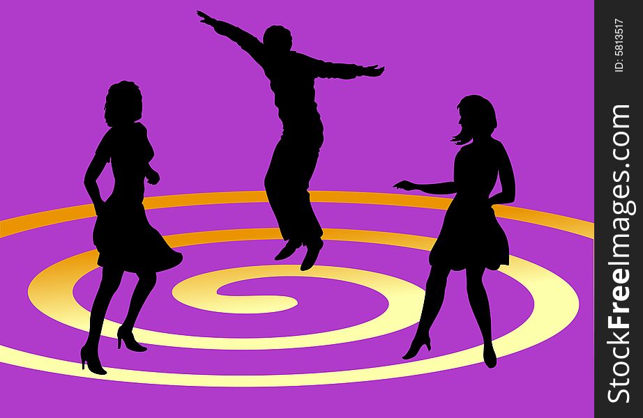 The silhouettes of dancing man and two women. The silhouettes of dancing man and two women.