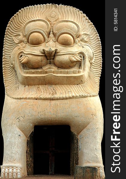 India, South-India: Rajendracholan temple; white stone sculpture representing a mythological lion