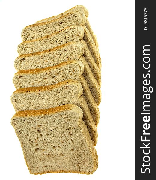 Slices of bread lied in a row isolated on white. Slices of bread lied in a row isolated on white