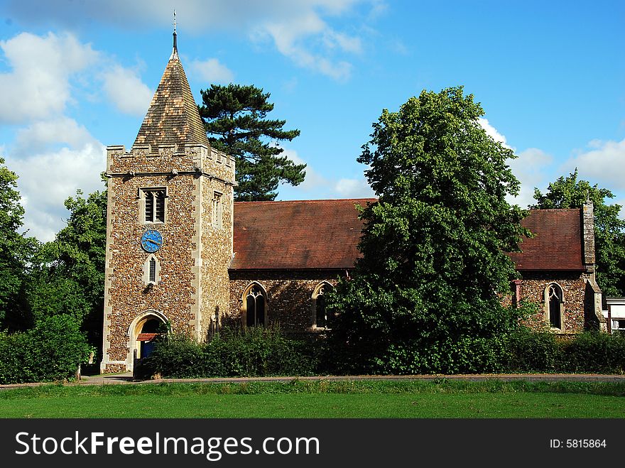 Shot of a village church in the summer