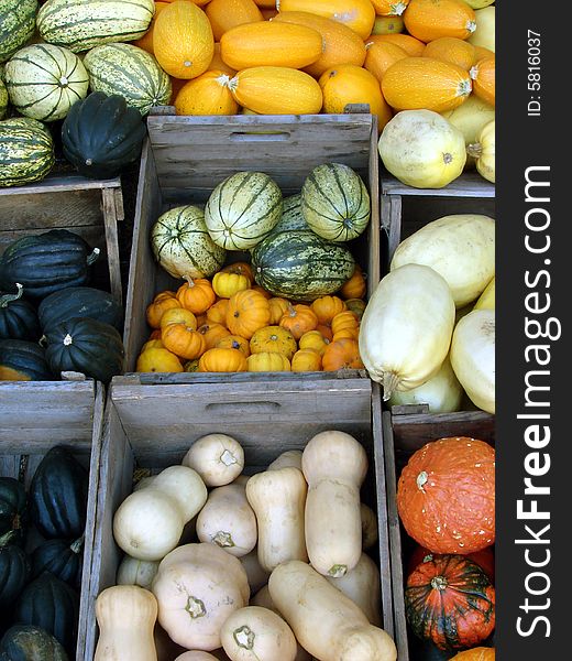 Squashes in wooden boxes at the market. Squashes in wooden boxes at the market