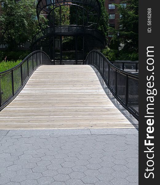 A wooden bridge path in Battery Park Manhattan