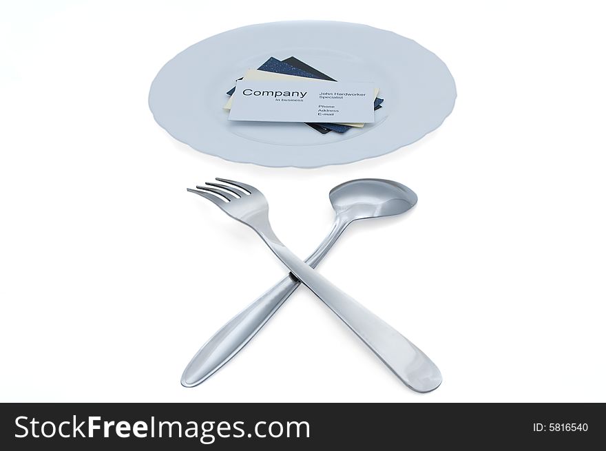 Business cards on plate, fork and spoon. Business cards on plate, fork and spoon