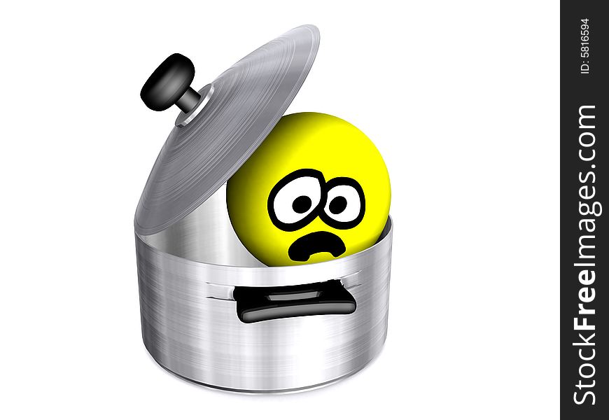 The scared little man tries to get out of a saucepan. The scared little man tries to get out of a saucepan