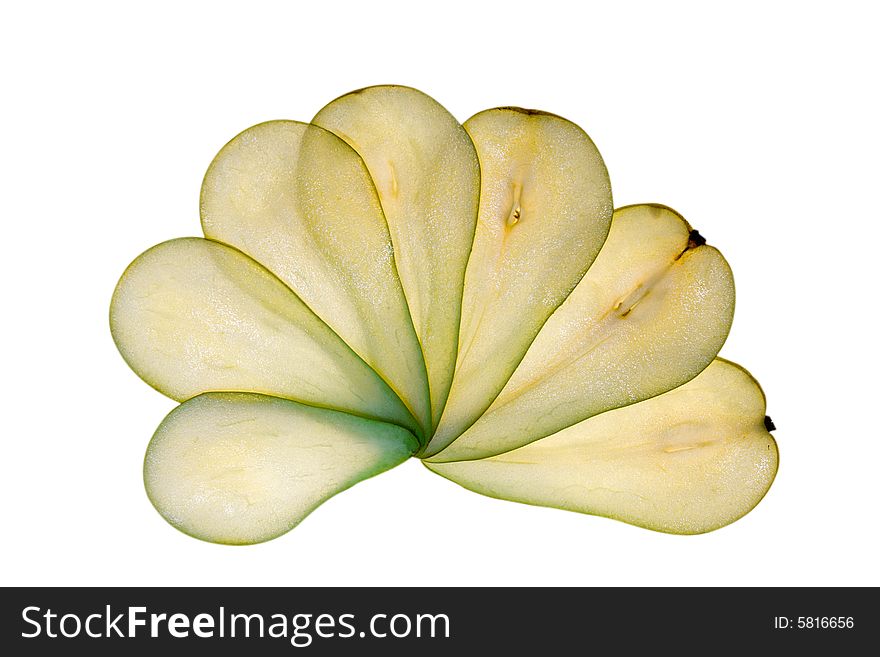 The pear is cut thin, stacked as a flower. The pear is cut thin, stacked as a flower