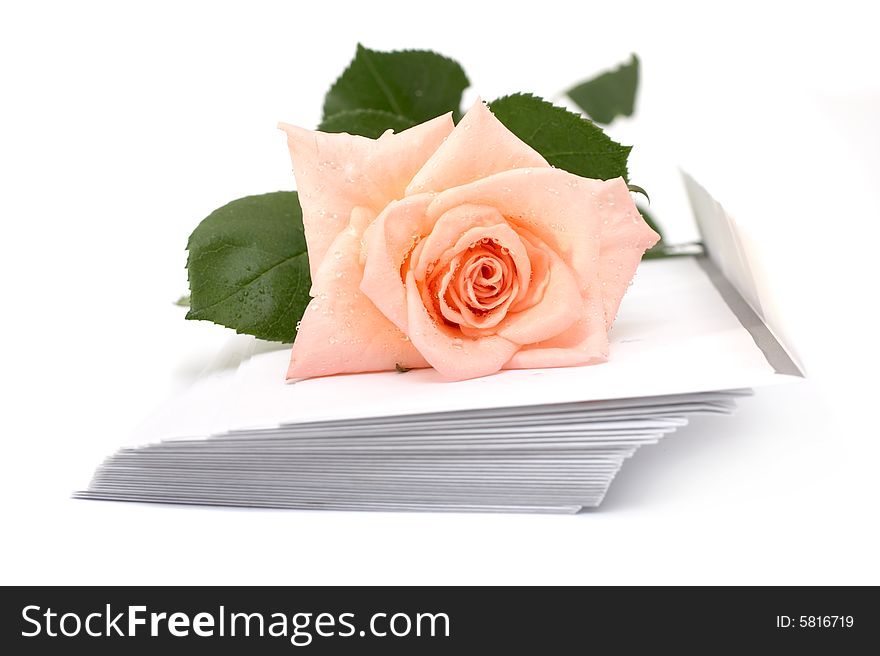 Rose and envelopes on a white background