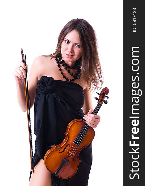 Beautiful brunette girl with violin isolated on white background