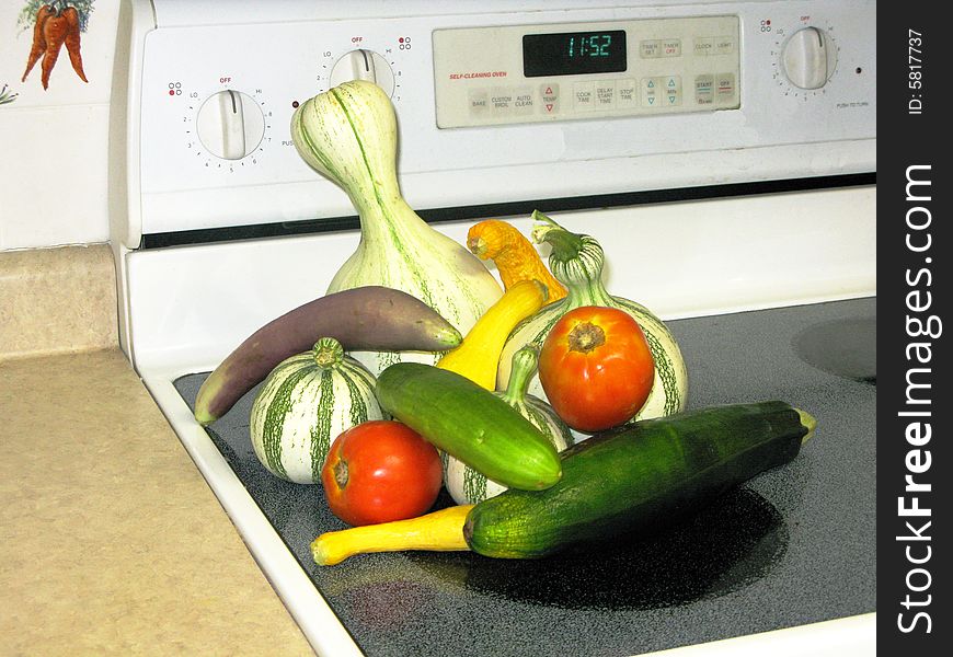 Various types of Squash and Tomatoes on Stovetop