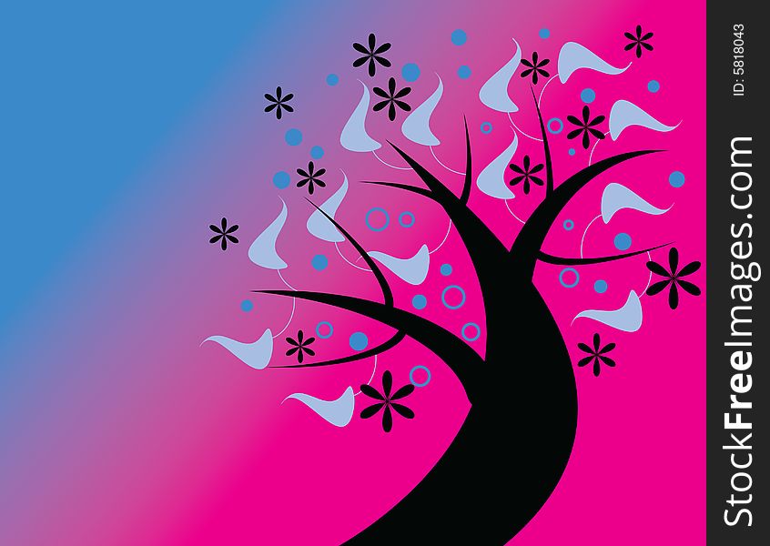 A Tree with Blue Leaves is Featured in an Abstract Floral Illustration. A Tree with Blue Leaves is Featured in an Abstract Floral Illustration.