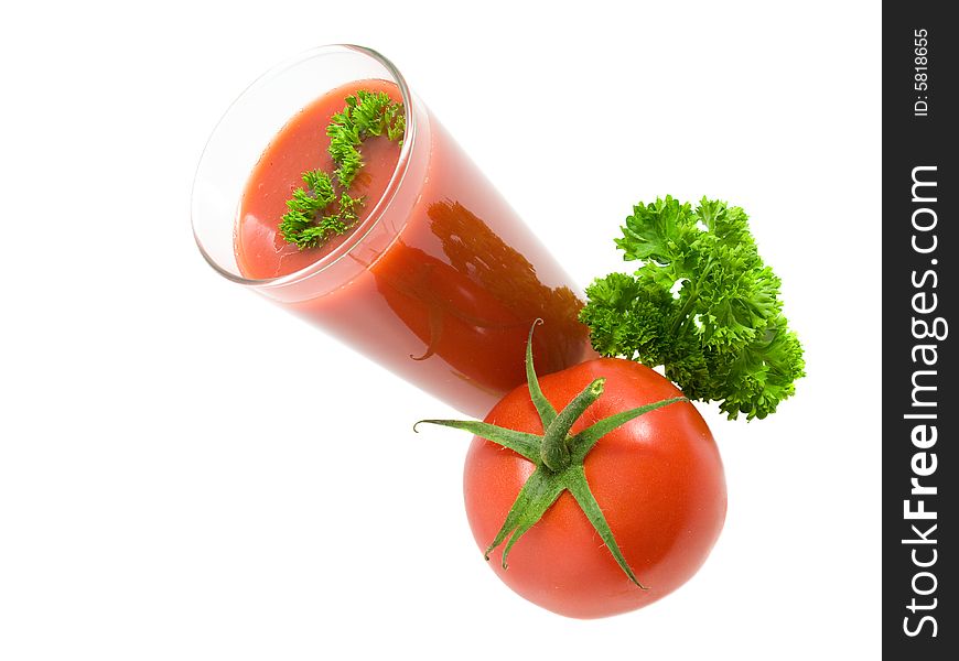 Tomato juice, tomatos and parsley leaves. Wholesome drink and nourishment. Dieted drink.