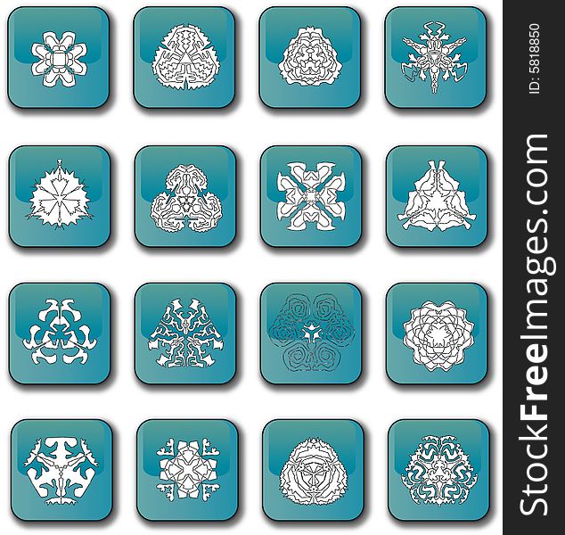 A scalable illustration of a set of blue glossy snowflake icons. A scalable illustration of a set of blue glossy snowflake icons.