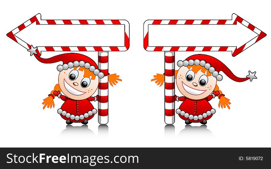 Vector cute Santa helper girl with arrows for your text. Vector cute Santa helper girl with arrows for your text