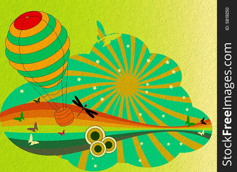 Abstract colored illustration with hot air balloon, distorted rainbow, small stars, dragonfly and butterflies. Abstract colored illustration with hot air balloon, distorted rainbow, small stars, dragonfly and butterflies