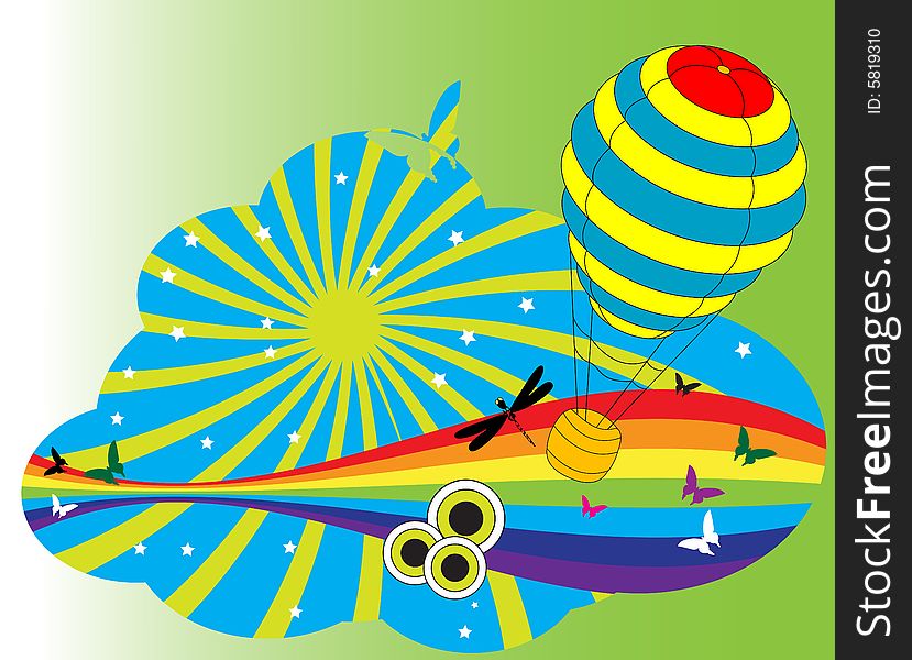 Abstract colored background with hot air balloon, distorted rainbow, small stars, dragonfly and butterfly shapes. Abstract colored background with hot air balloon, distorted rainbow, small stars, dragonfly and butterfly shapes