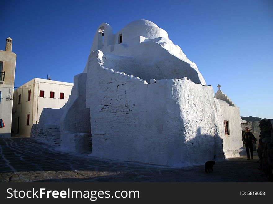 The famous White Church on Mykonos in the Greek Islands. The famous White Church on Mykonos in the Greek Islands