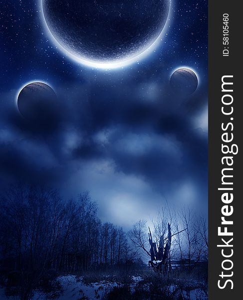 Planets above earth, fantastic night scene illustration. Planets above earth, fantastic night scene illustration.