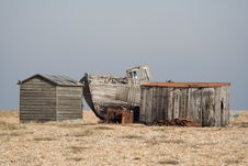 Dungeness, Shacks And A Boat Royalty Free Stock Photo
