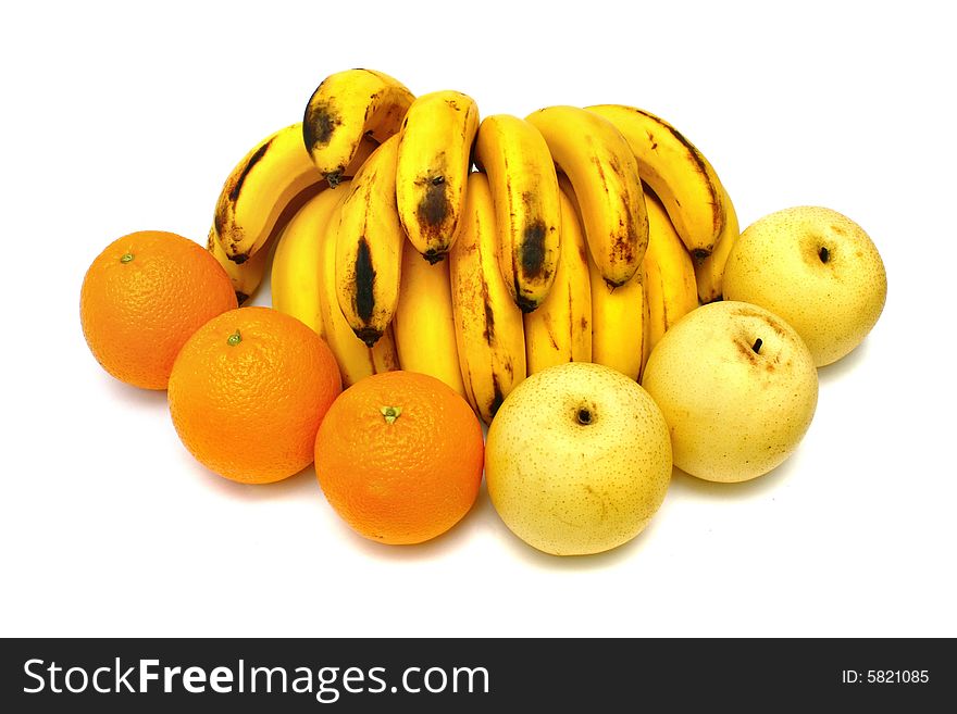 Bananas, oranges and nashi pear on white background. Bananas, oranges and nashi pear on white background.