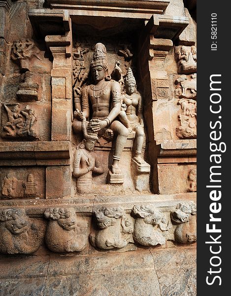 India South-India: Rajendracholan temple; view of the carved walls with mythological figures