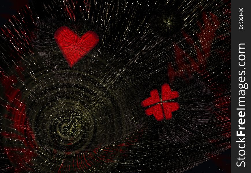 Red heart and flower on a background of the black sky with celebratory fireworks. Red heart and flower on a background of the black sky with celebratory fireworks