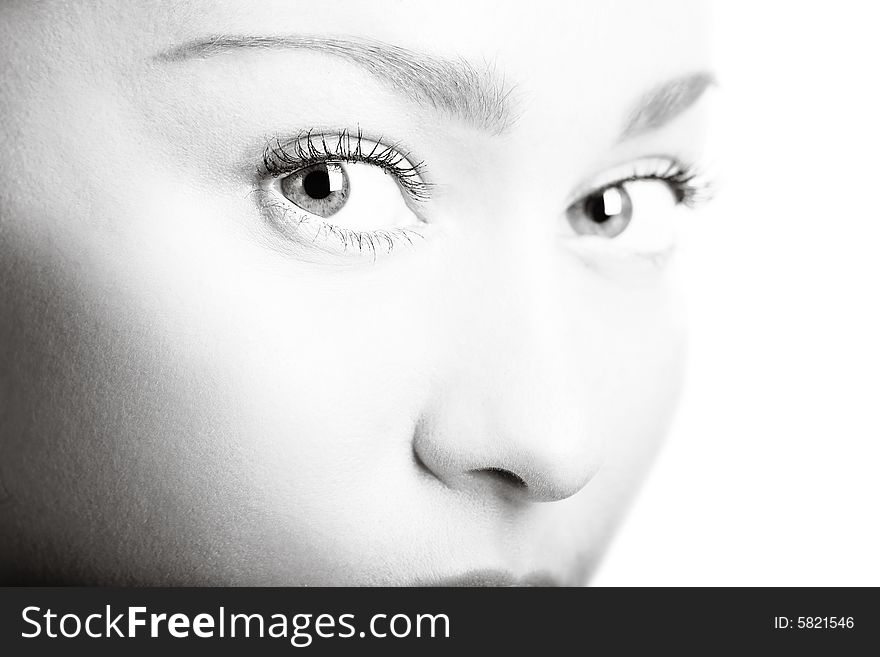 Portrait of a cute lady in monochrome on white background. Portrait of a cute lady in monochrome on white background