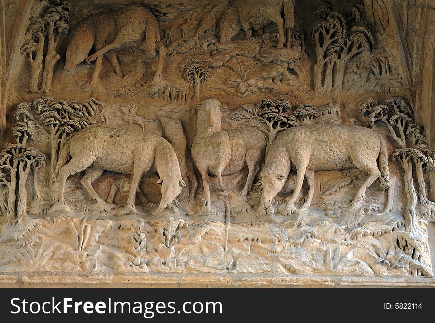 France Rouen: the gothic Cathedral of Rouen. The Norman cathedral contains the tomb of Richard the Lion heart. Detail of the inside decoration