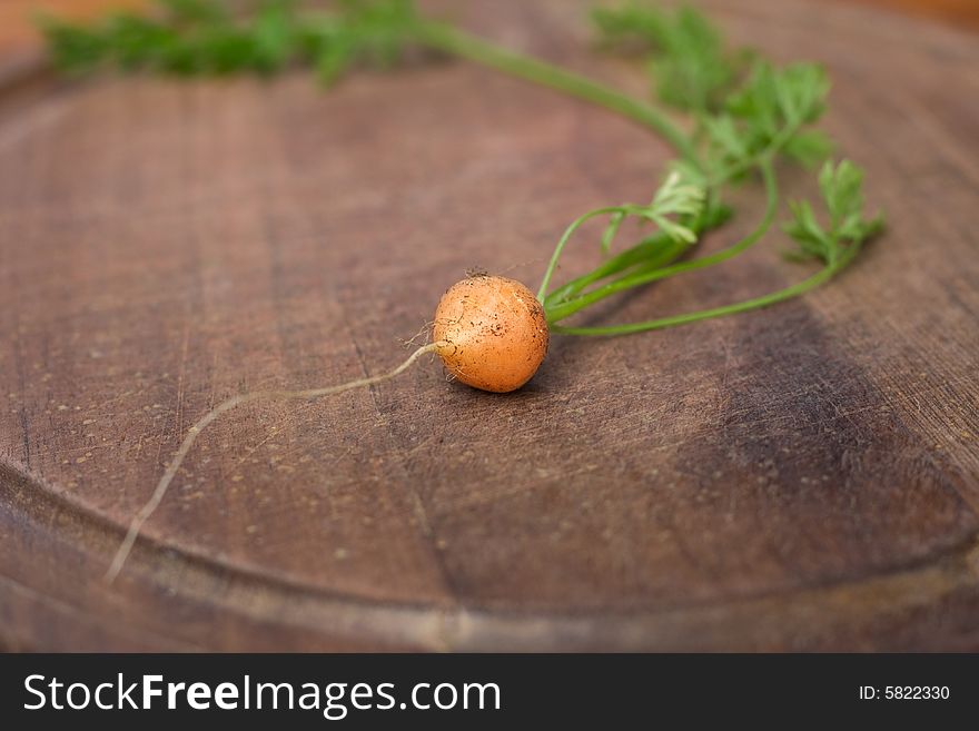 Baby carrot on a chopping board, shallow DOF, focus on carrot