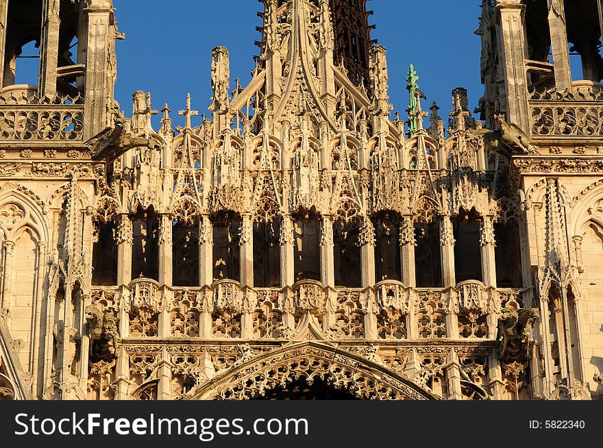 France Rouen: the gothic Cathedral of Rouen. The Norman cathedral contains the tomb of Richard the Lion heart. Detail of the facade.