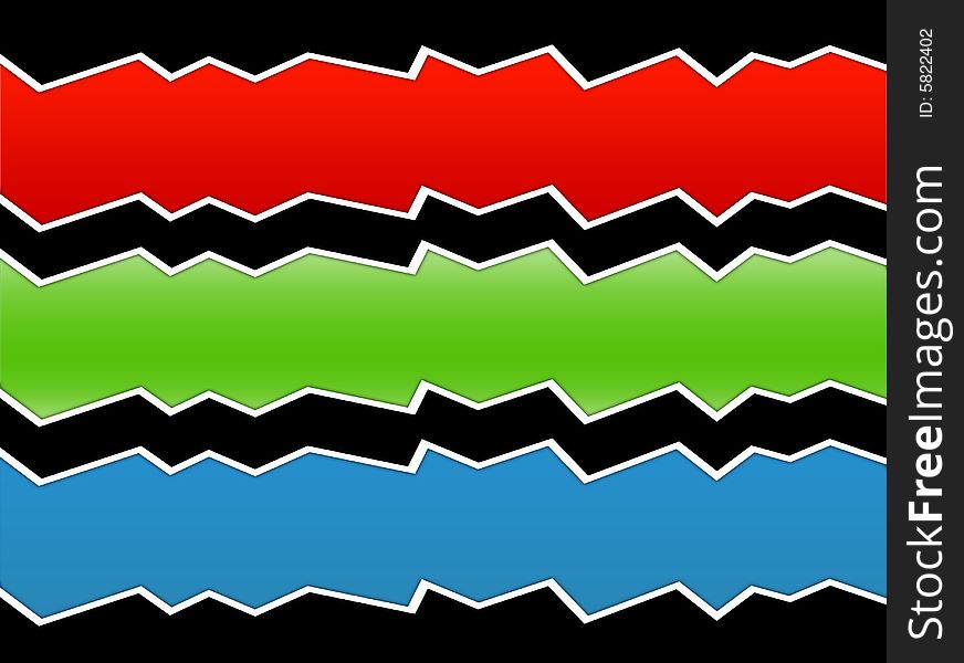 There three zig zag waves. Various colors on blak background. There three zig zag waves. Various colors on blak background.