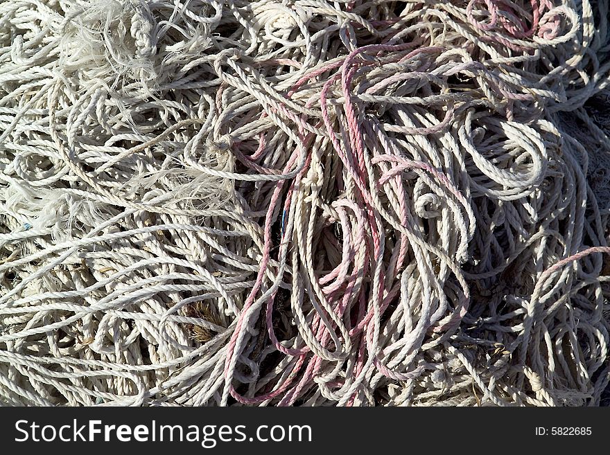 Heap of fishing nets close up