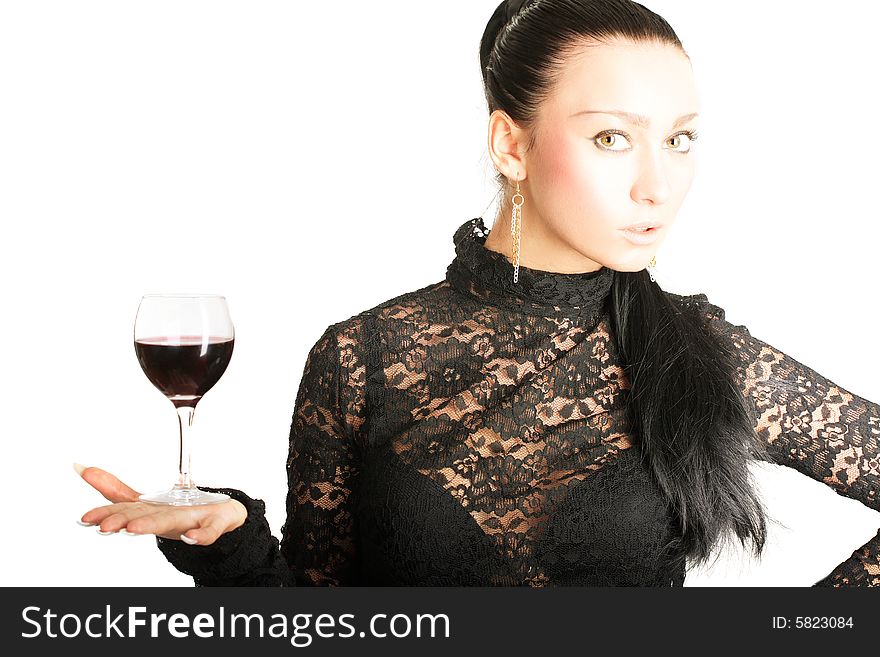 Portrait of a cute brunette holding a glass of red wine on white background. Portrait of a cute brunette holding a glass of red wine on white background