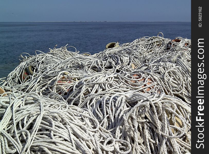 Heap of fishing nets close up