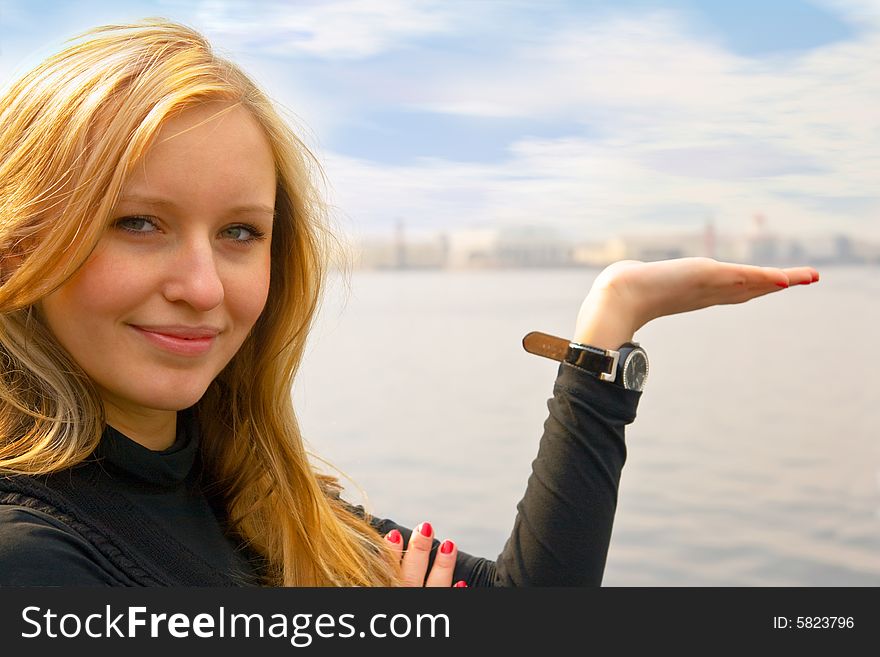 A young girl on the embankment of St. Petersburg. A young girl on the embankment of St. Petersburg