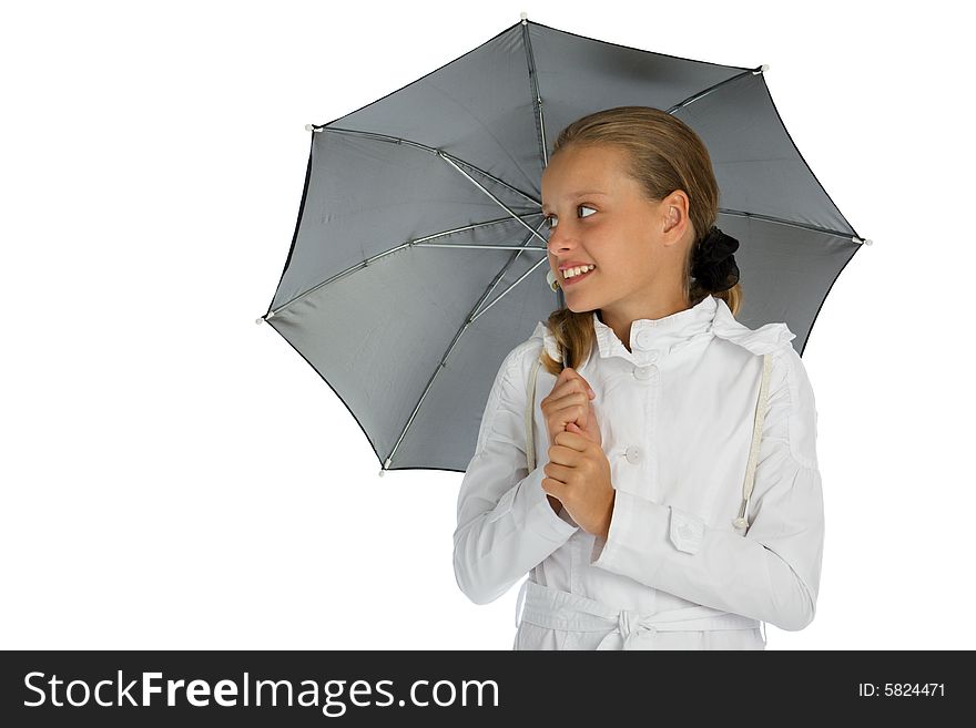 Happy teen girl with umbrella isolated on white