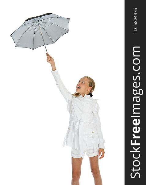 Happy teen girl with umbrella isolated on white