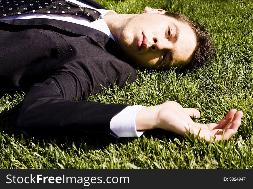 Businessman resting over the grass. Businessman resting over the grass