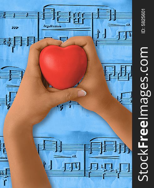 Girl hands holding red heart shape. Musical notes as background. Path for hands and hearth,. Girl hands holding red heart shape. Musical notes as background. Path for hands and hearth,