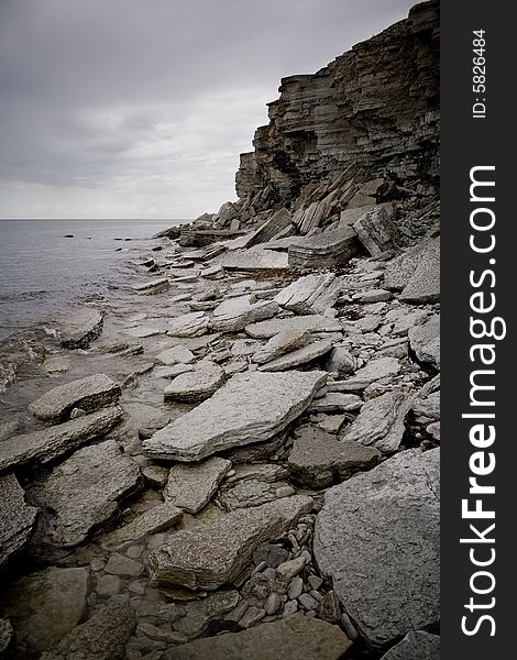 Cliffs on a Baltic sea shore in a stormy weather