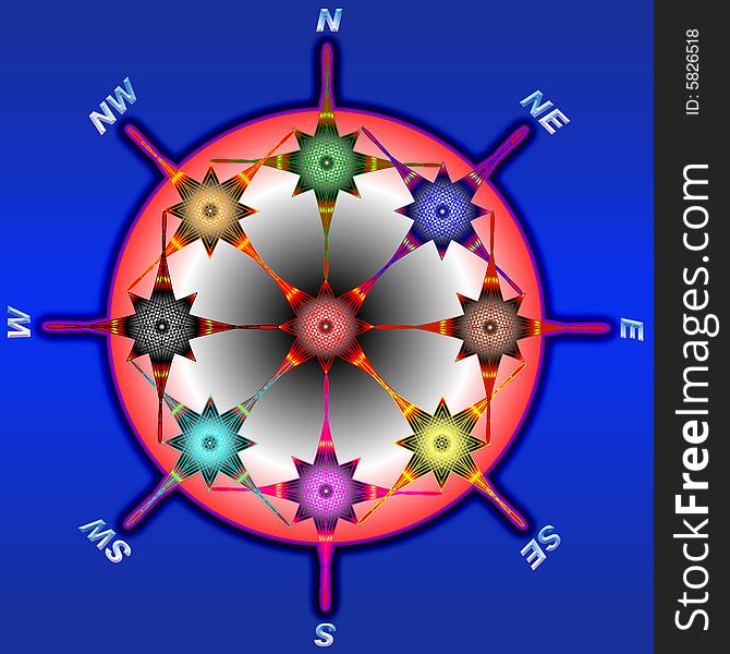 The stylised image of a sea compass.
Graphic composition.