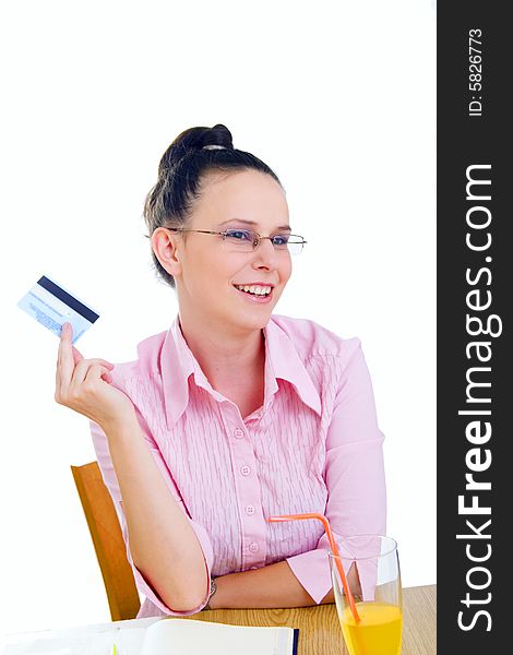 Portrait of young businesswoman holding credit card isolated on white background. Portrait of young businesswoman holding credit card isolated on white background