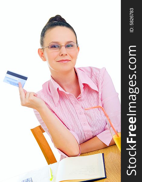 Portrait of young businesswoman holding credit card isolated on white background. Portrait of young businesswoman holding credit card isolated on white background