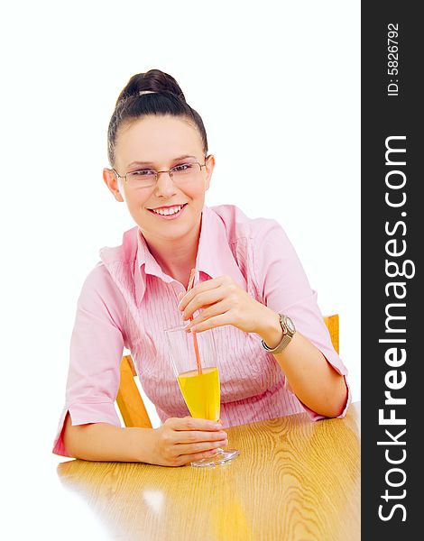 Portrait of young businesswoman drinking juice, isolated on white background