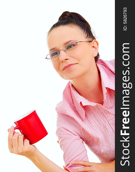 Portrait of businesswoman drinking coffee, isolated