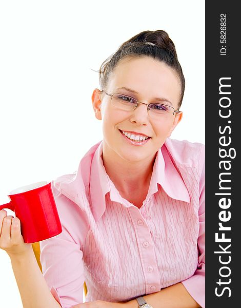 Portrait of businesswoman drinking coffee, isolated