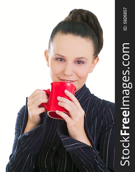 Portrait of businesswoman drinking coffee, isolated on white background