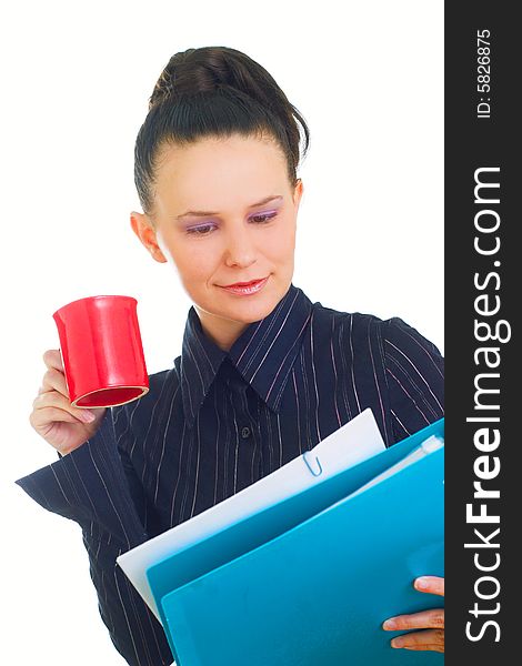 Portrait of businesswoman working on coffee break, isolated on white background