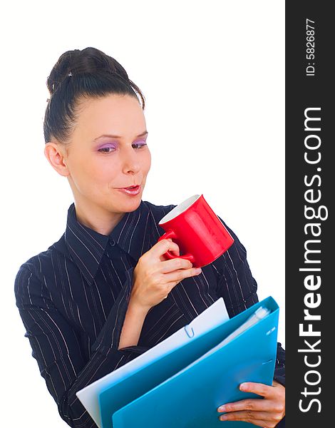 Portrait of businesswoman working on coffee break, isolated on white background