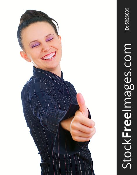 Cheerful businesswoman showing thumbs up